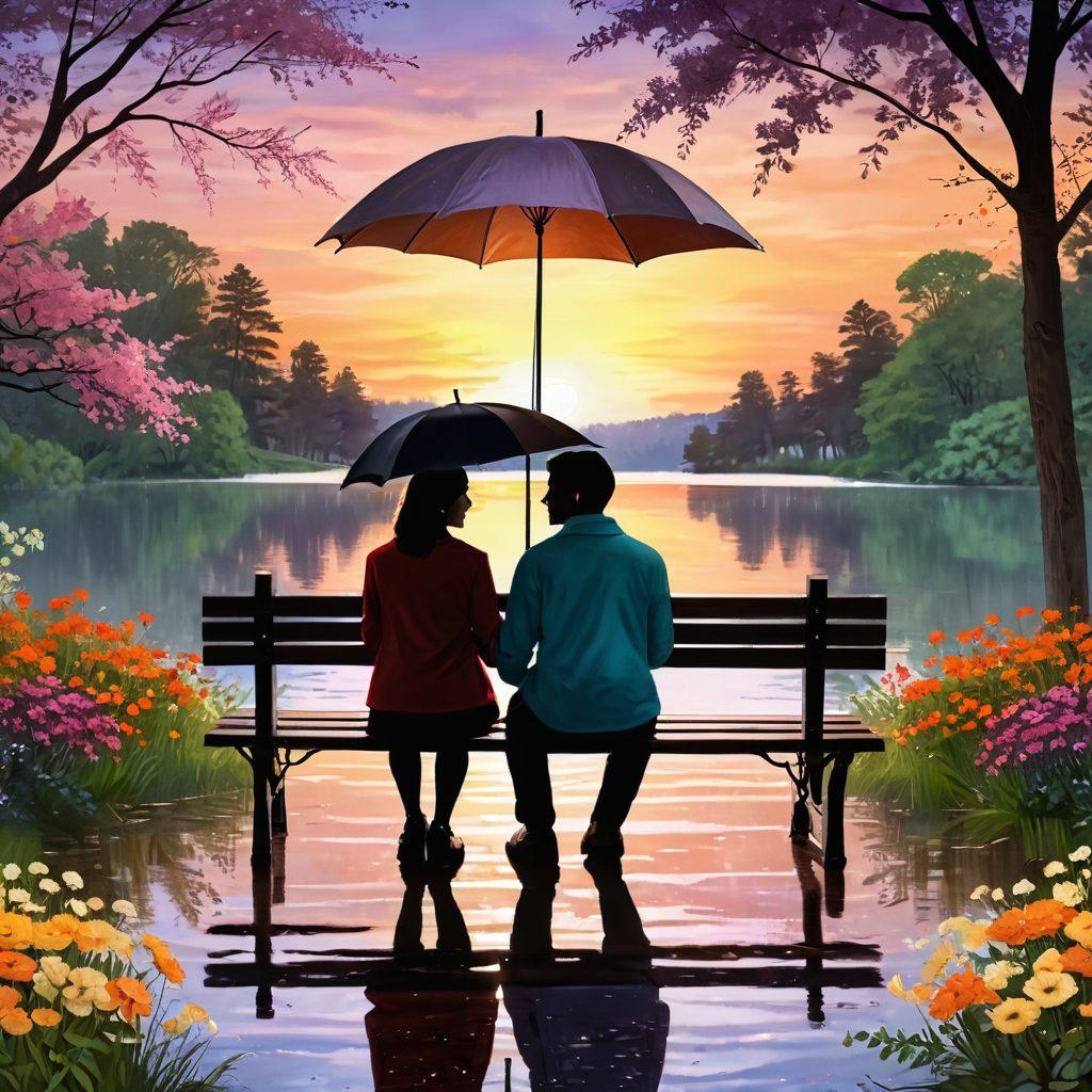 A loving couple sitting on a park bench, sharing an umbrella in the rain, surrounded by blooming flowers and trees. They look deeply into each other's eyes while holding hands. A serene lake and a beautiful sunset in the background convey tranquility and warmth. painting. vibrant colors.