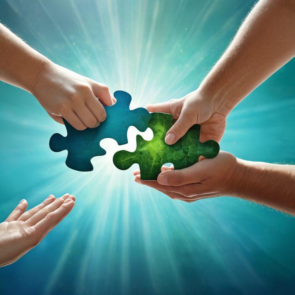 Two hands shaking firmly over a puzzle piece that fits perfectly, symbolizing trust and collaboration. The background is an abstract blend of blues and greens, representing growth and harmony. Add subtle rays of light emerging from the handshake to highlight the strength of partnership. super-realistic. vibrant colors. 3D.