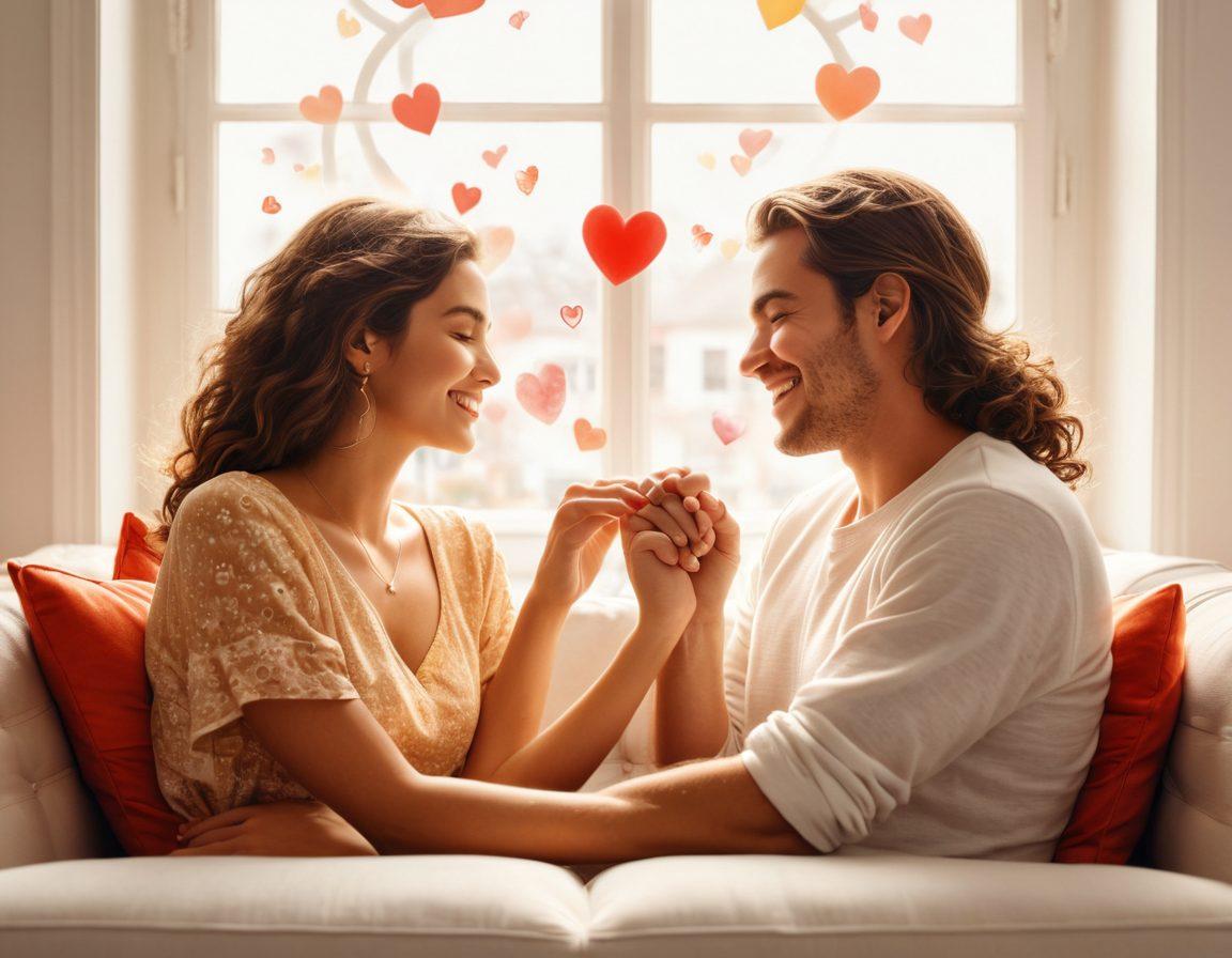 A happy couple sitting closely on a cozy sofa, holding hands and gazing into each other's eyes with warmth and trust. Around them, floating symbols of love like hearts, intertwined rings, and smiling faces. Sunlight filters through a window, casting a soft, golden glow. super-realistic. vibrant colors. white background.